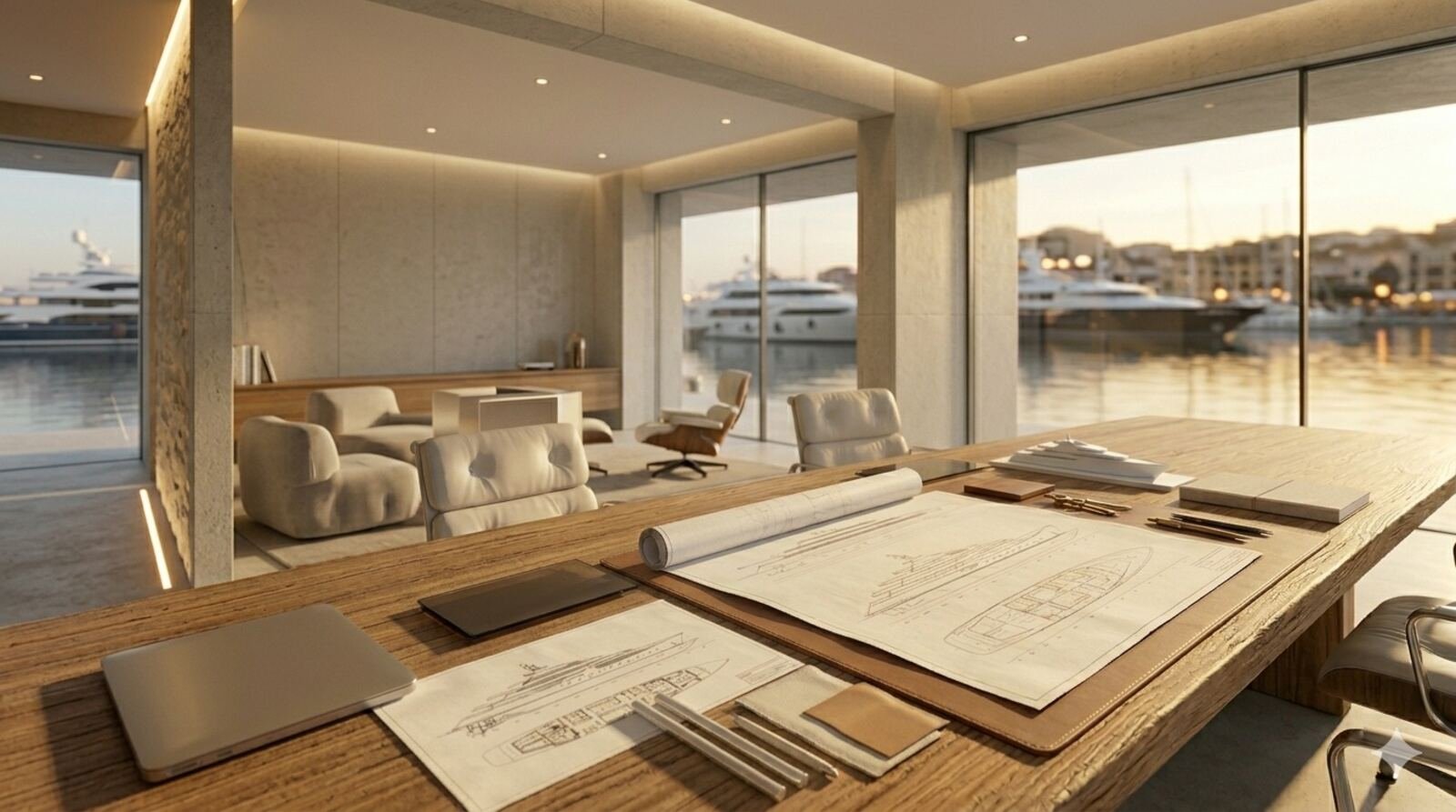 Yacht blueprint with material samples and drafting tools, engineering atmosphere